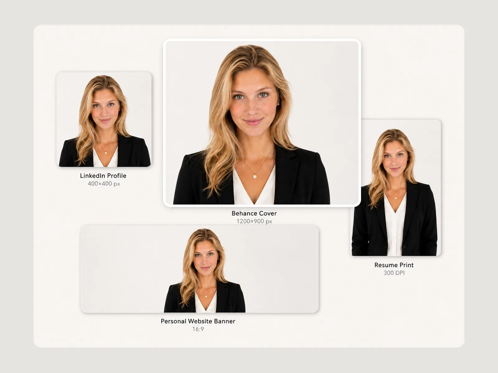 Image Expander adapting one approved headshot to LinkedIn profile picture, CV print size, and portfolio cover dimensions in one session.