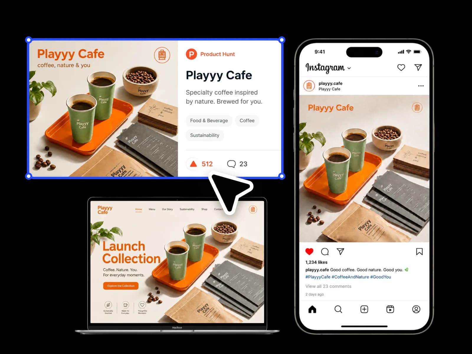 Launch visual kit showing landing page hero, social post, and email header in a unified brand identity — no designer required.