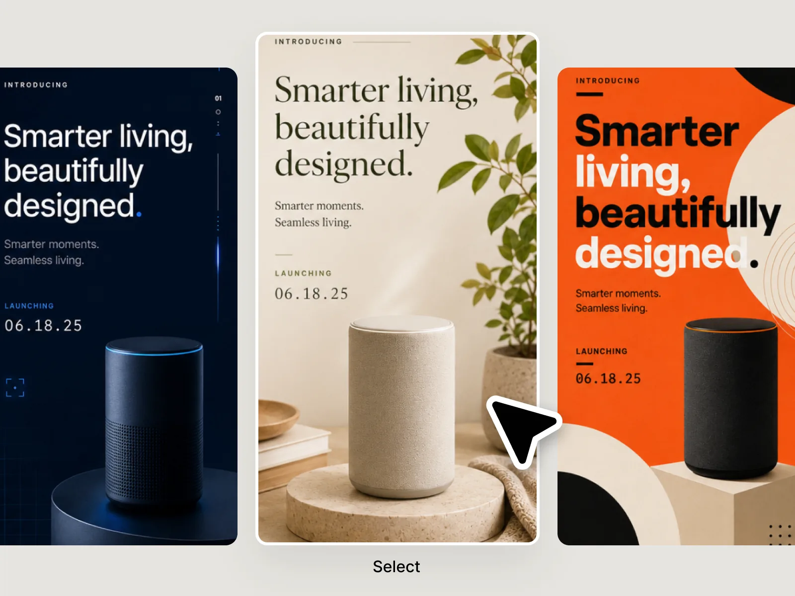 AI image generator producing three brand identity direction options for a creator's product launch.