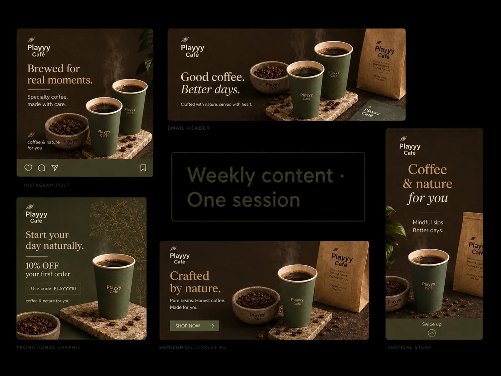 Marketing creatives laid out across social, email, and display formats — generated from a plain-language description with an AI image generator.