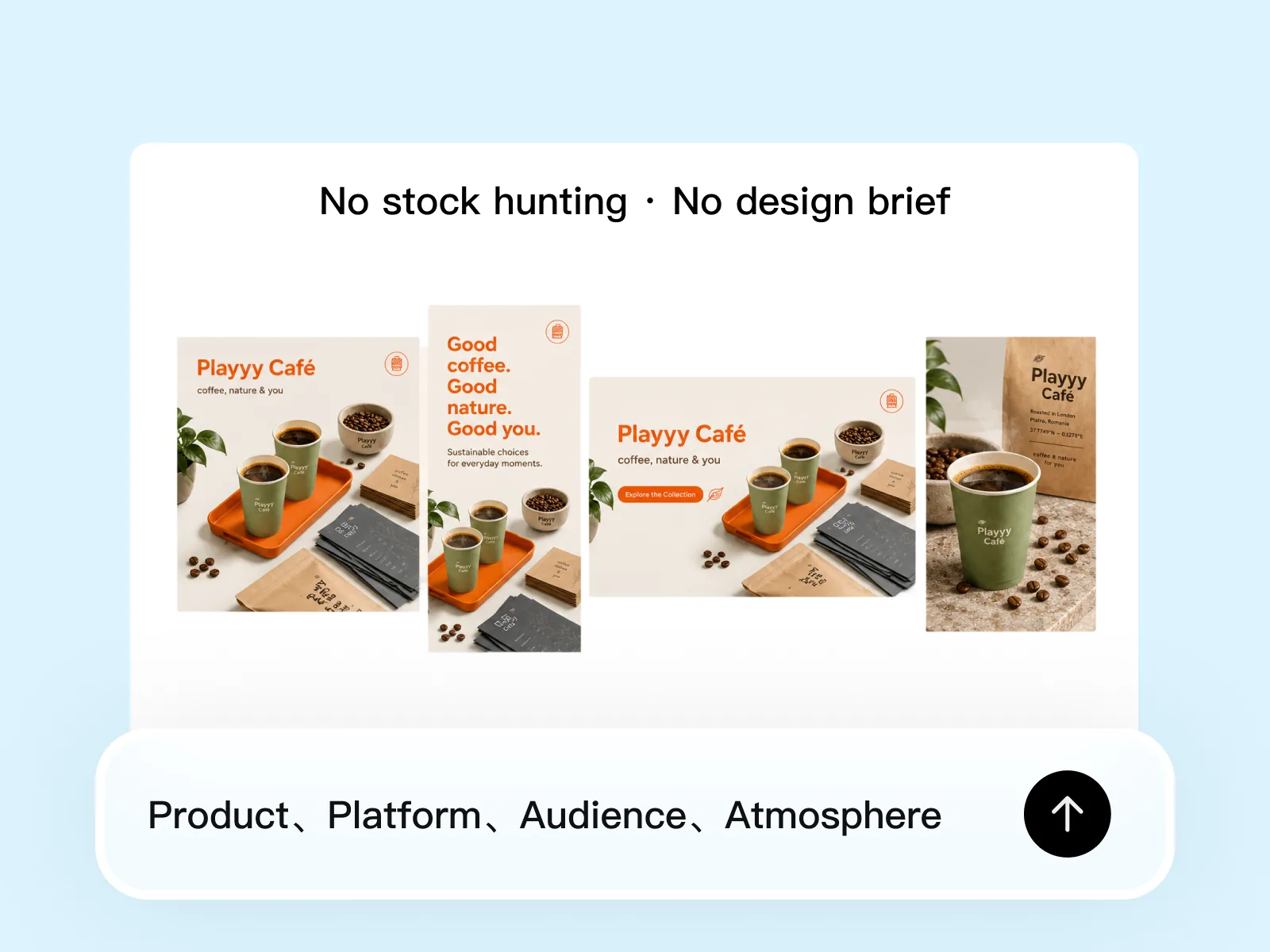 AI image generator producing multiple marketing creative options — product shot, lifestyle, and promotional — from a plain-language description.