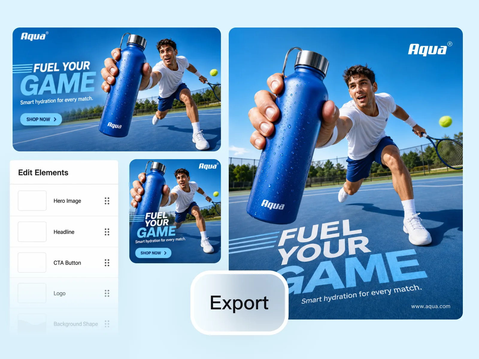 Edit Elements placing headline copy, CTA, and pricing text on a marketing creative — ready for social, email, and display export.