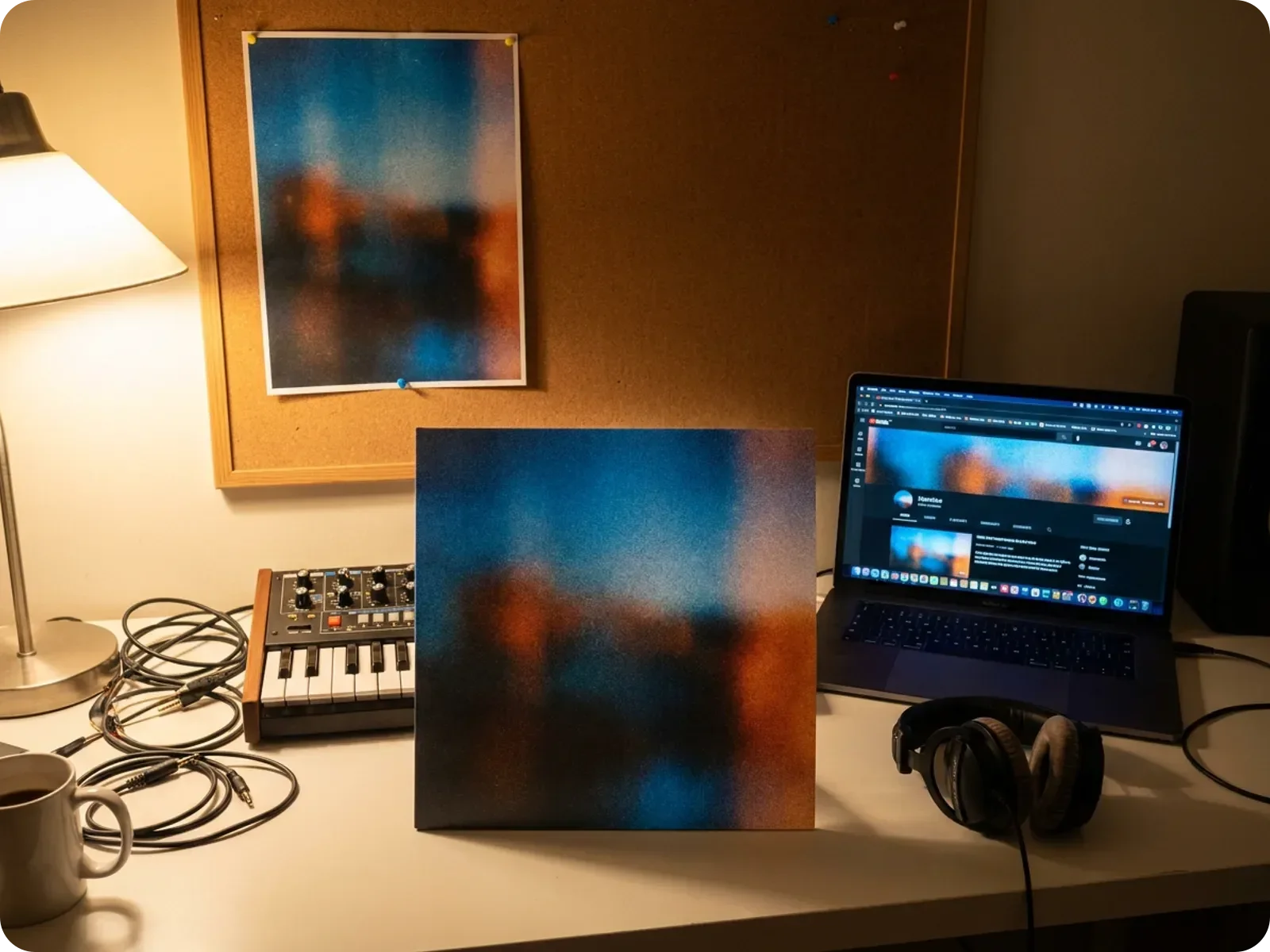 An independent artist's release visuals spread across a studio desk: square album artwork, a printed gig poster and a laptop showing a matching YouTube channel banner.