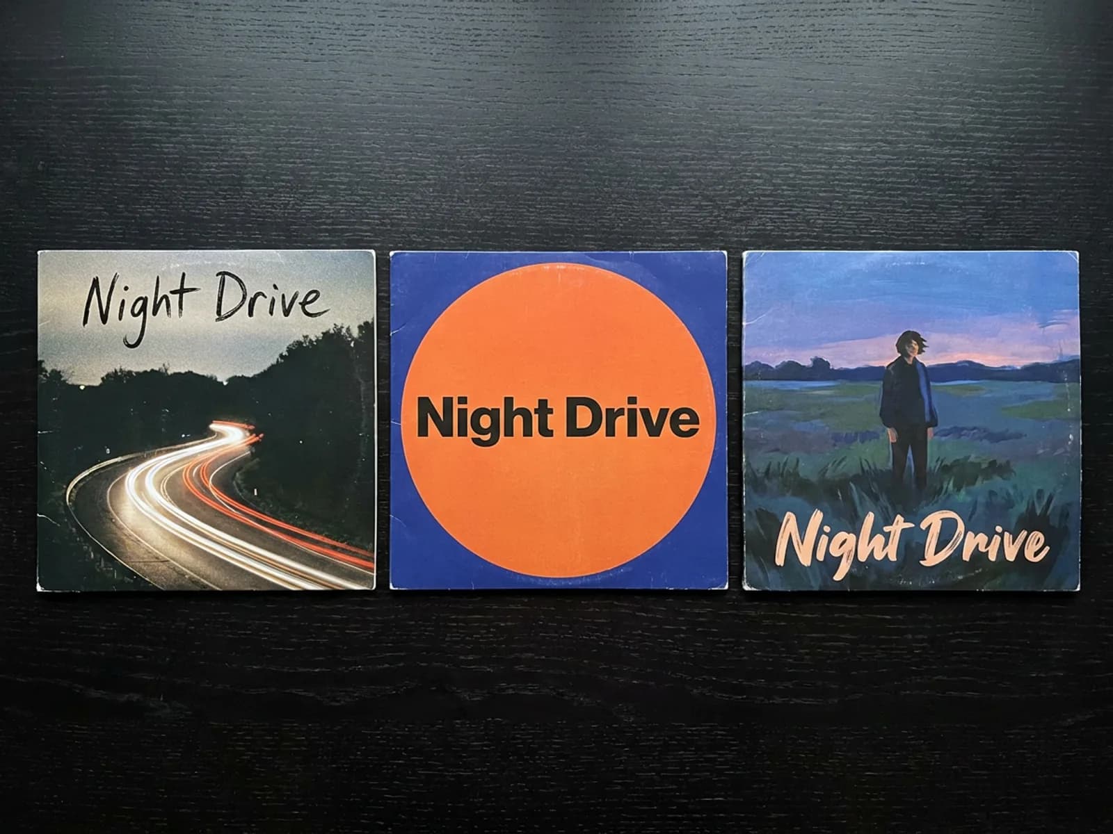 Three square cover art directions for one single — a grainy film photo, a bold graphic shape and a painted illustration — each with the artist name and title set in type.