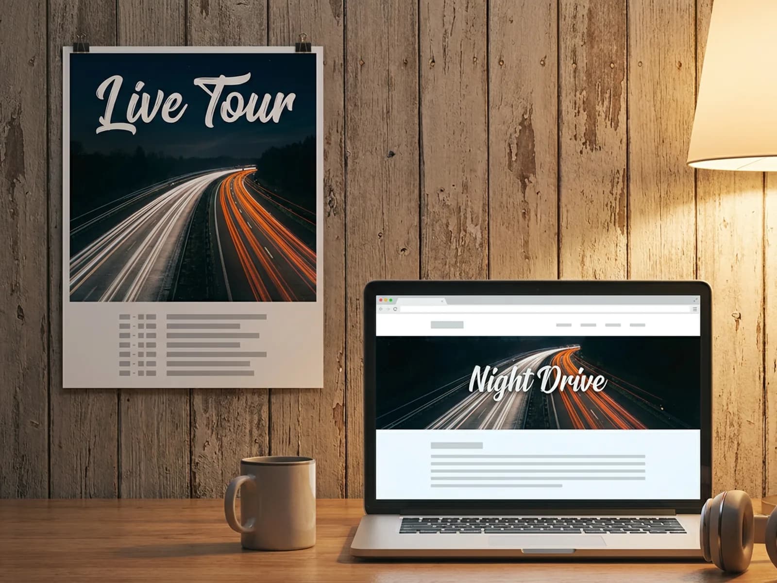 A tour poster with a night highway photo pinned above a laptop showing a channel banner built from the same image and the release title.