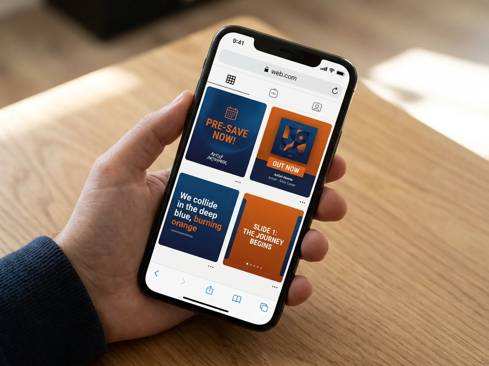 Release-week social posts on a phone feed: a pre-save announcement, an out-now post, a lyric quote card and a five-slide carousel, all in the cover's palette.