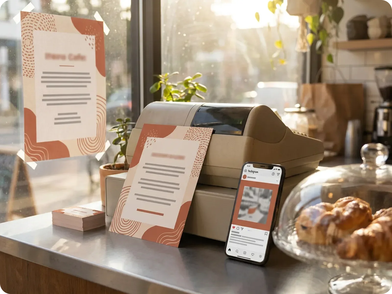 A neighborhood cafe counter with matching marketing materials: a printed flyer, a stack of business cards, a window poster and a phone showing an Instagram post in the same colors.