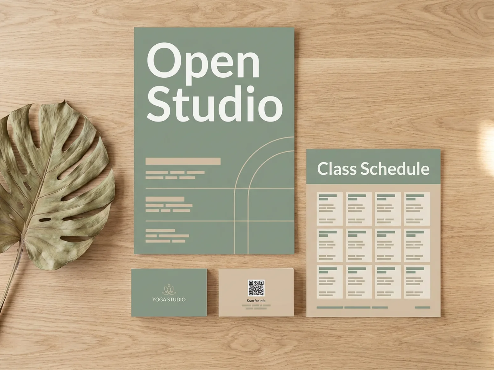 Print materials for a yoga studio fanned out on a counter: an A-series window poster, a US Letter flyer and double-sided business cards in the studio's colors.