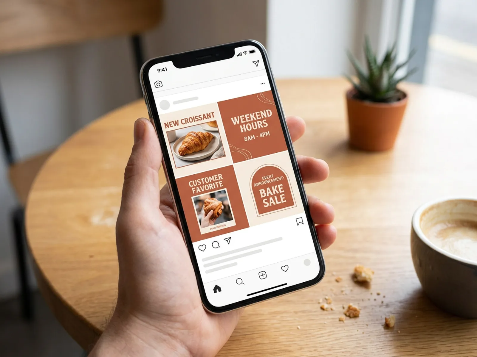 Four matching social media posts for a bakery — new item, weekend hours, customer favorite and event announcement — shown as a phone feed preview.