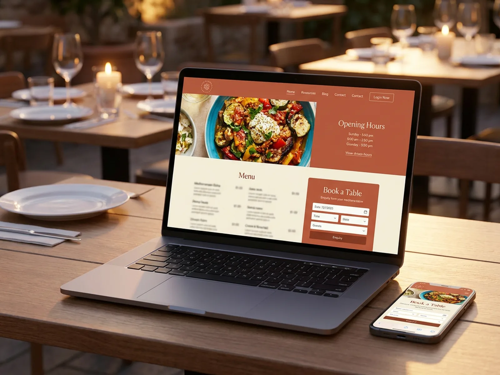 A small restaurant website on a laptop and phone showing a hero photo, menu section, opening hours and a booking enquiry form.