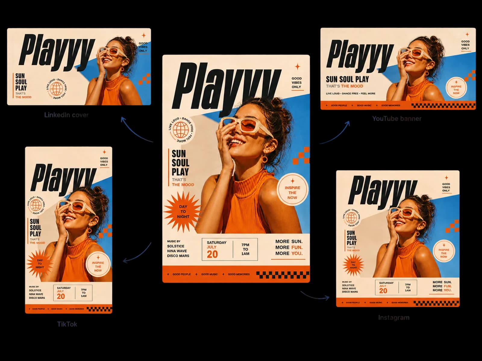 Social media visuals adapted across multiple platform formats from a single hero image — Instagram, YouTube, and LinkedIn.