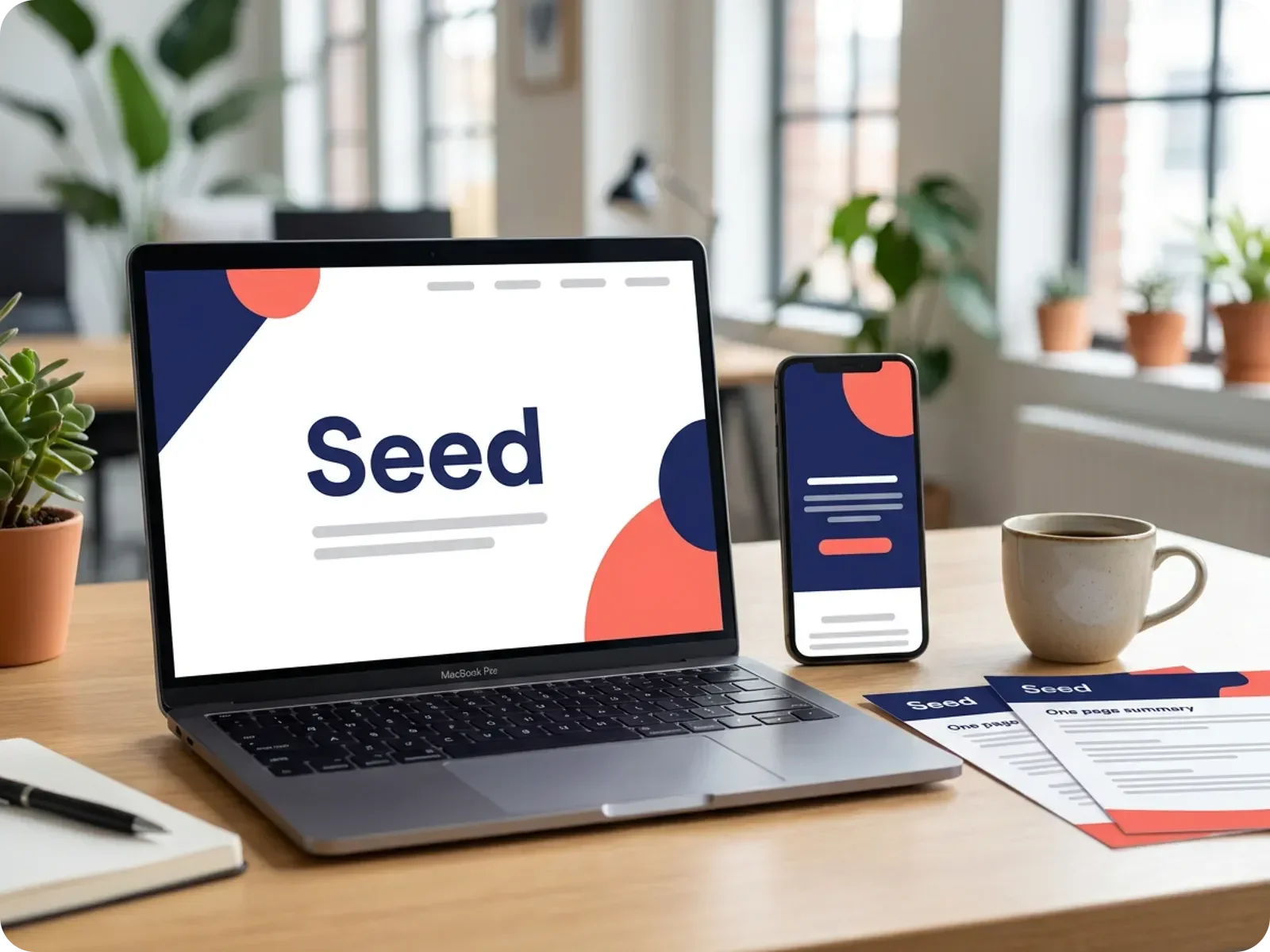 A founder's fundraising kit on a desk: a laptop showing a pitch deck title slide, a phone with the matching landing page and printed one page summaries, all in navy and coral.