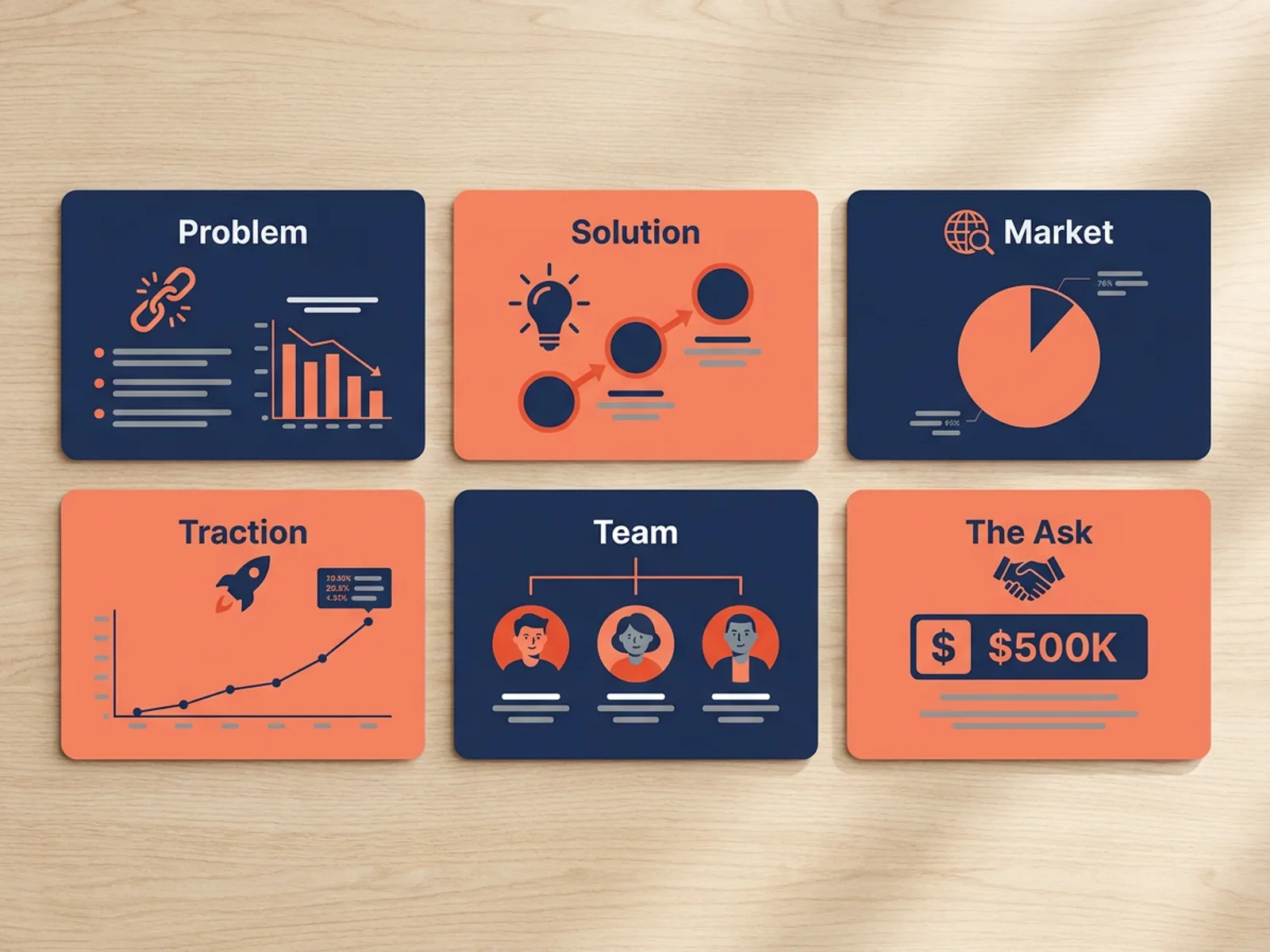Investor pitch deck slides in a grid — problem, solution, market, traction, team and ask — all in one startup's brand colors and fonts.