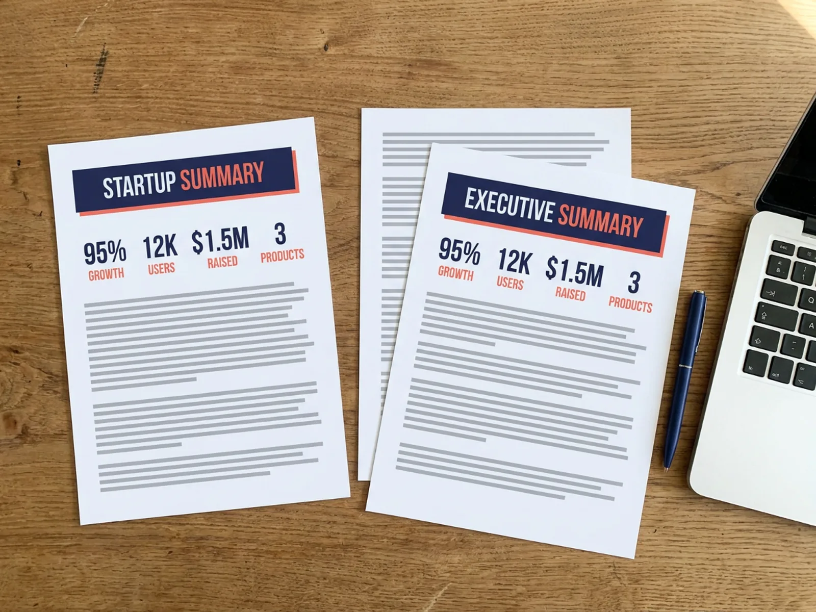 A printed startup one pager and a two-page executive summary side by side, sharing the deck's headline, metrics block and color palette.