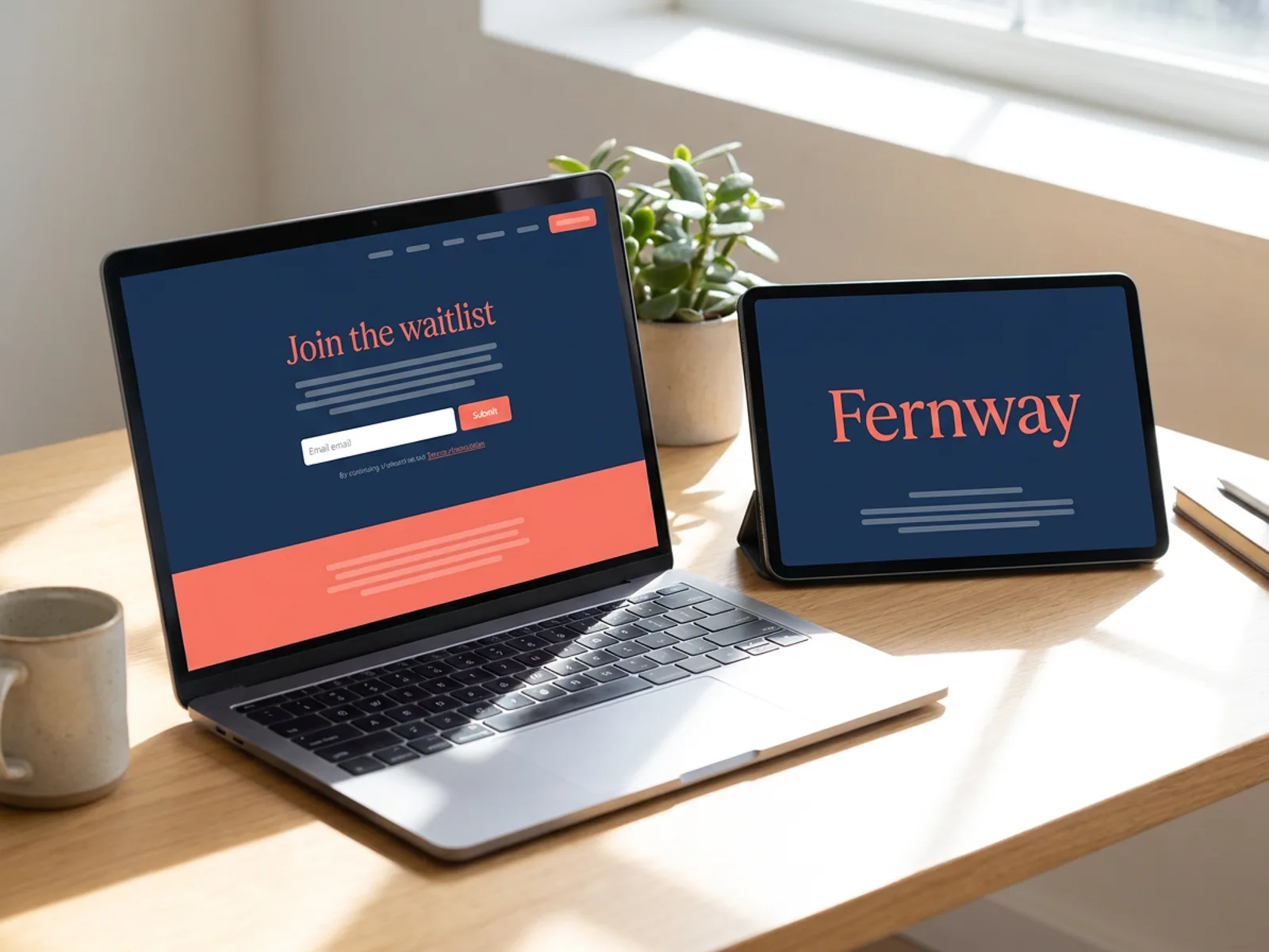 A startup landing page on a laptop with a waitlist sign-up form, next to a tablet showing the matching pitch deck title slide.