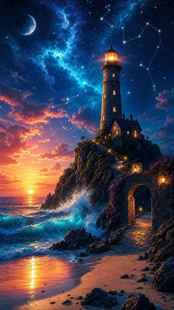 Magical Lighthouse on Cliff at Sunset — image 1