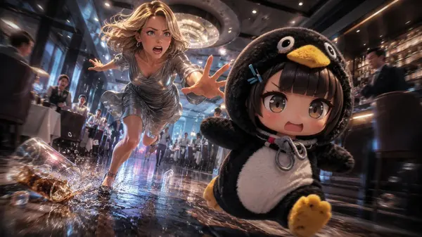 Chase Scene: Chibi Penguin & Woman in Restaurant — image 1