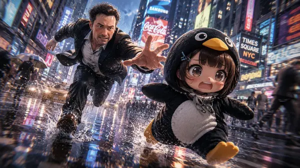 Chase Scene: Chibi Penguin & Woman in Restaurant — image 2