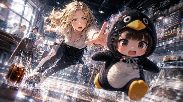 Chase Scene: Chibi Penguin & Woman in Restaurant — image 3