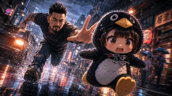 Chase Scene: Chibi Penguin & Woman in Restaurant — image 4