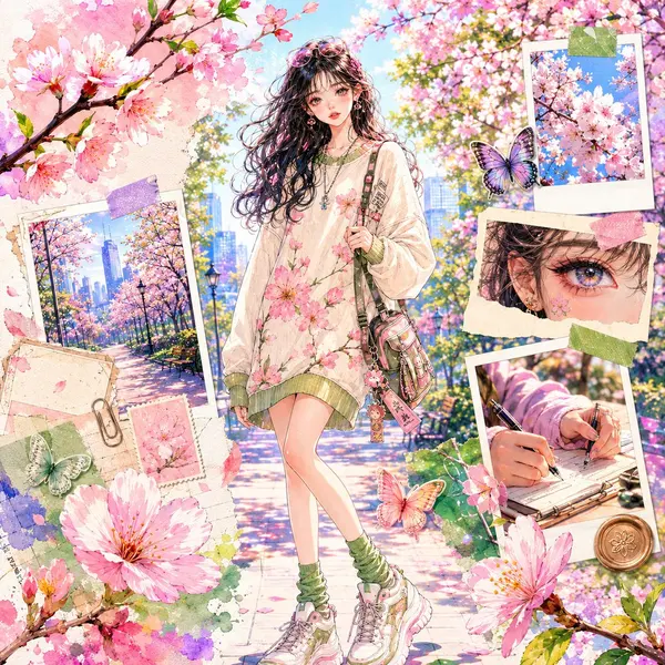Korean-Japanese Watercolor Fashion Collage — image 1