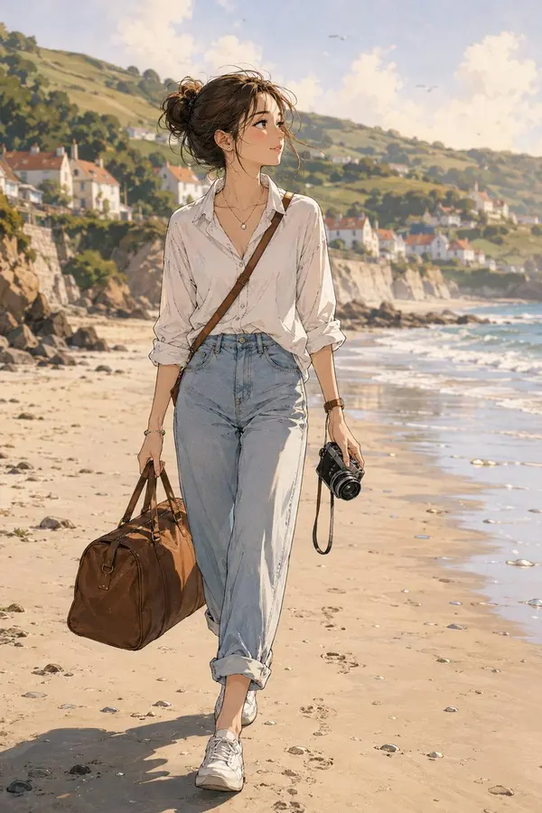 Beach Wanderer with Vintage Camera