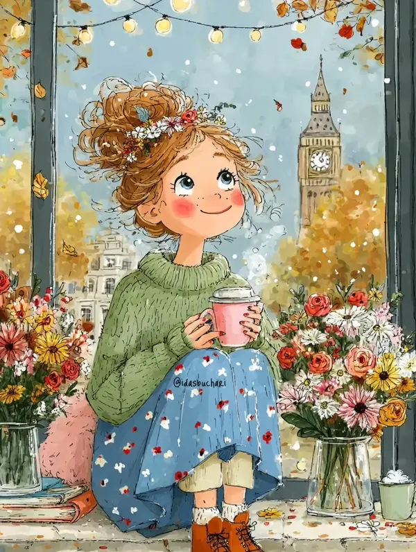 Cozy Girl with Coffee and Wildflowers — image 2