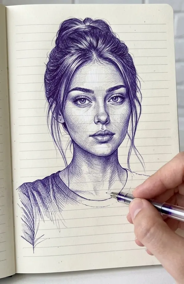 Violet Ink Sketch Portrait in Progress