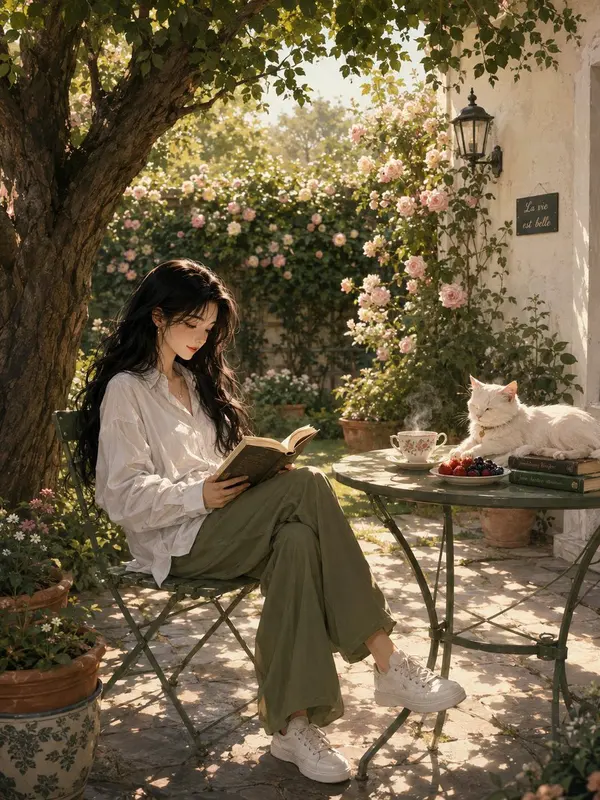 Woman Reading in Sunlit Garden with Cat
