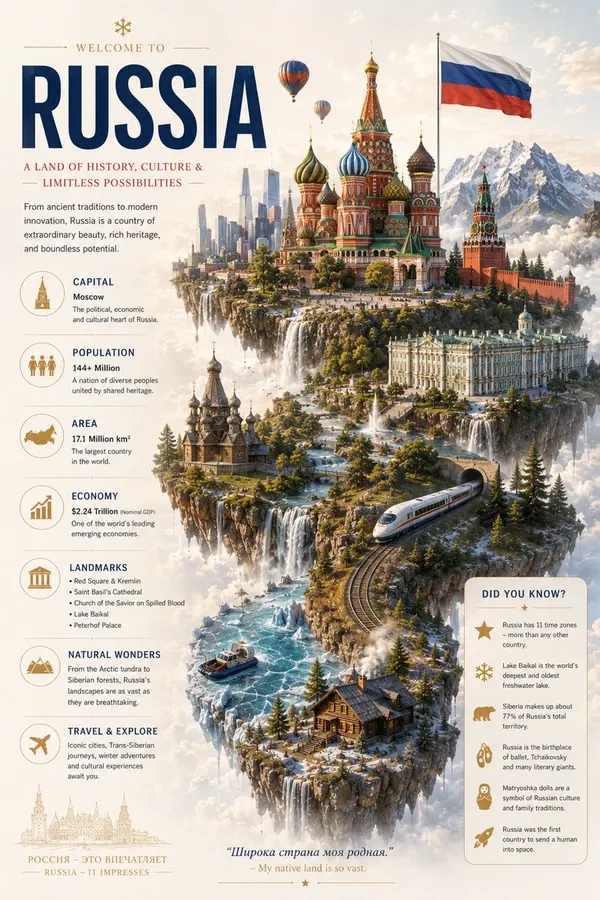 Russia: Floating Island Fantasy Infographic Poster