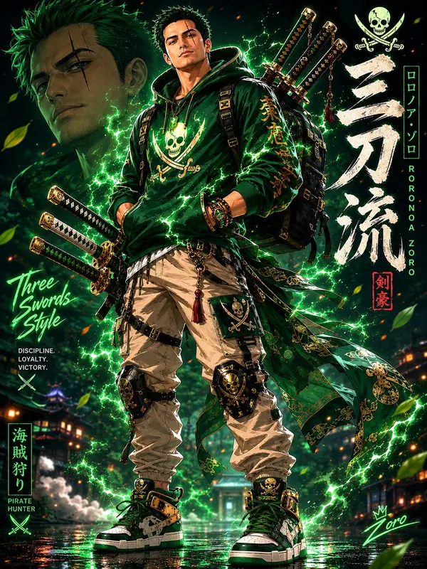 Green-Haired Swordsman in Neon Streetwear