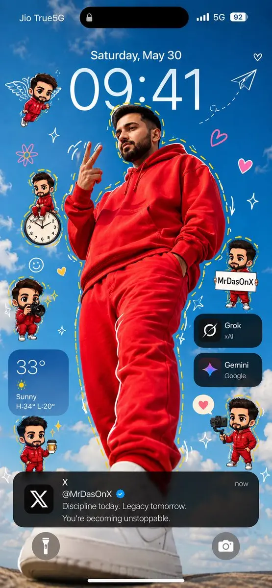 Neon Red Lockscreen with Chibi Doodles