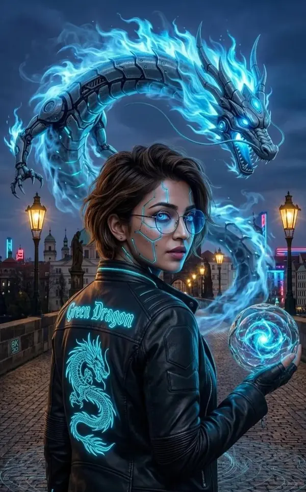 Cyberpunk Girl with Neon Dragon