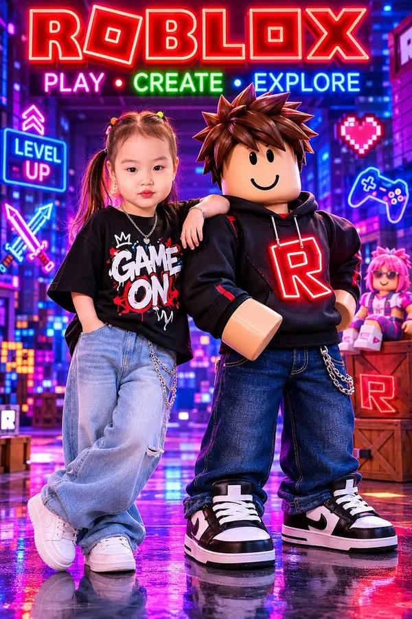 Girl with Roblox Avatar in Neon Cityscape — image 1