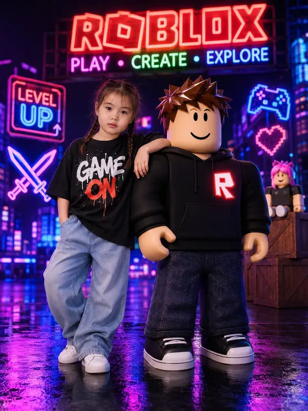 Girl with Roblox Avatar in Neon Cityscape — image 2