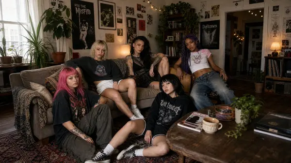 Five women hanging out in cozy living room — image 1