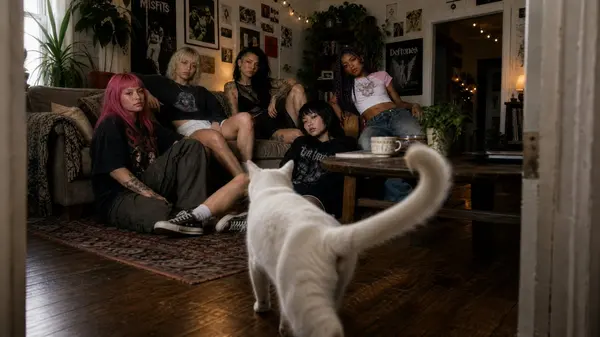 Five women hanging out in cozy living room — image 2