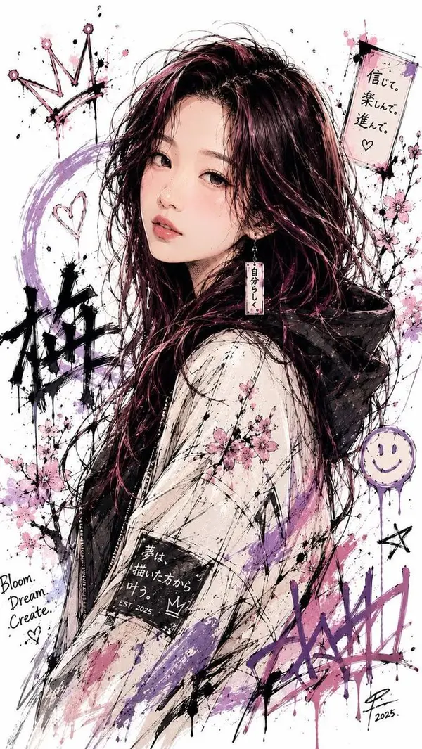 Japanese Character with Ink & Pastel Art — image 1