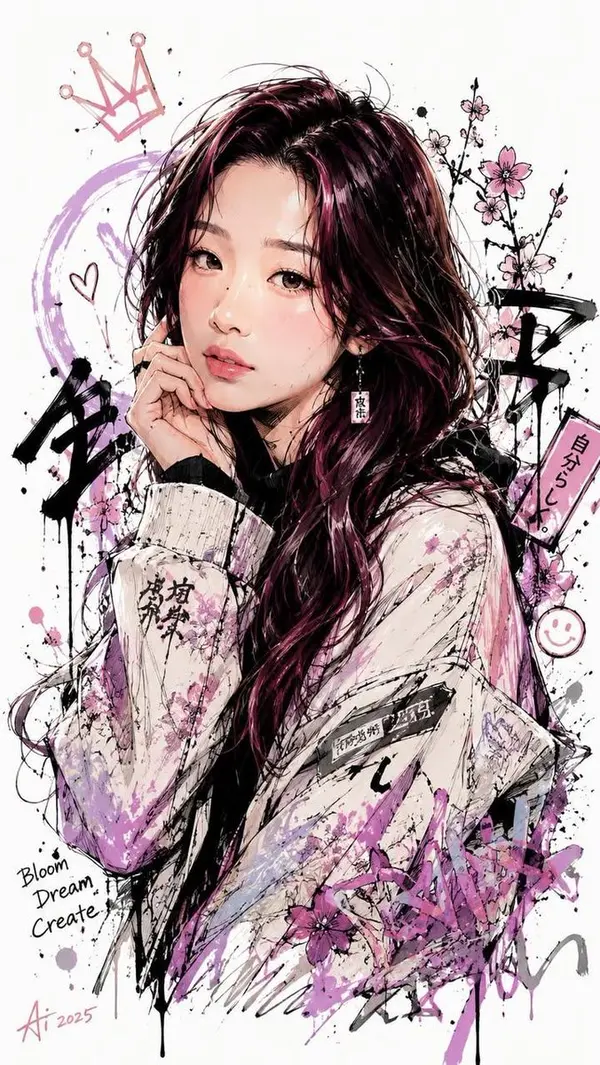 Japanese Character with Ink & Pastel Art — image 2