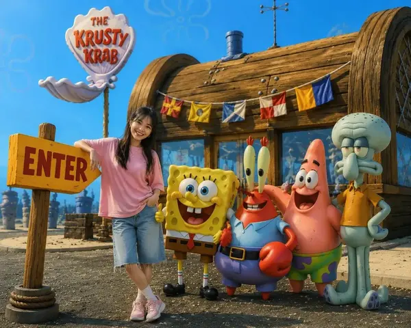 Asian Woman with SpongeBob Characters at Krusty Krab — image 1