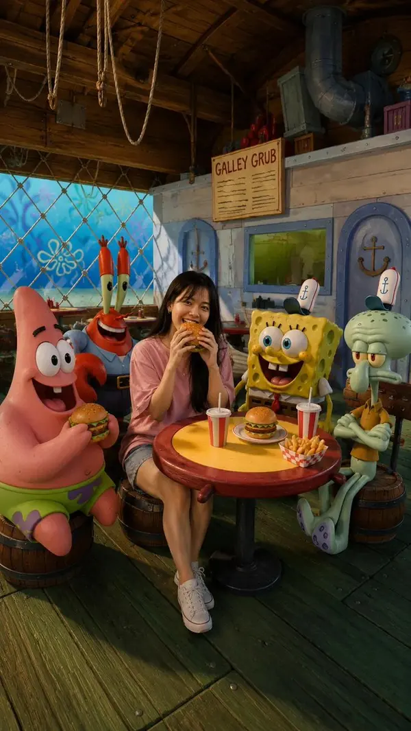Asian Woman with SpongeBob Characters at Krusty Krab — image 2