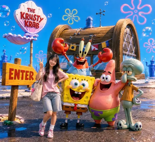 Asian Woman with SpongeBob Characters at Krusty Krab — image 3