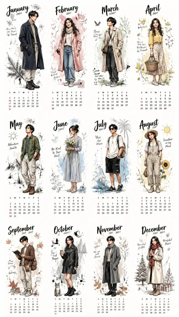 2027 Aesthetic Character Calendar