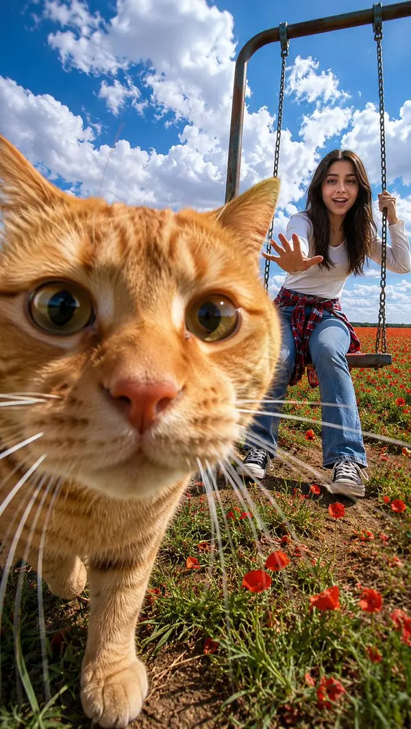 Cat Photobombs Swing Selfie in Poppy Field
