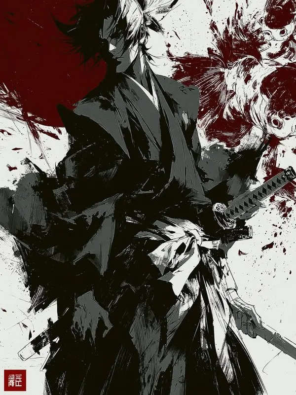 Samurai with Koi Fish in Ink Wash Style — image 2