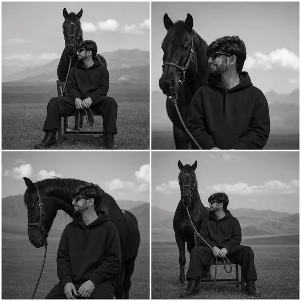 Editorial Portrait with Horse in Open Field