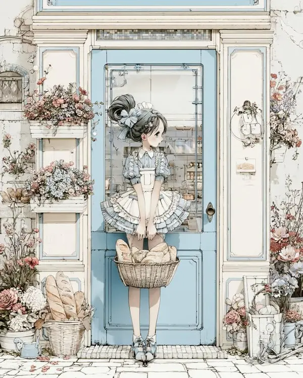 Vintage Bakery Girl with Bread Basket — image 1