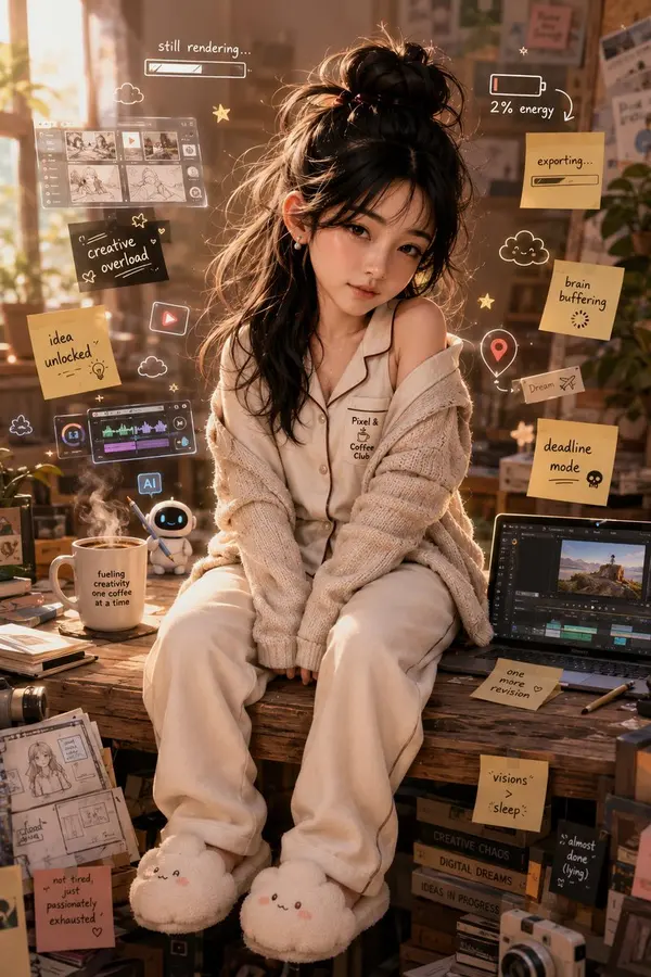 Exhausted Creator in Cozy Studio Morning — image 1