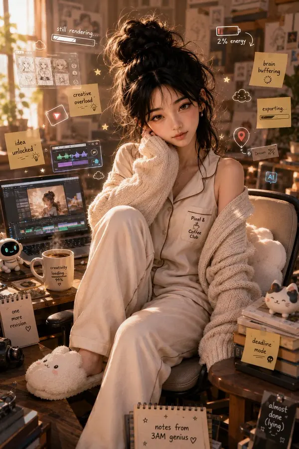 Exhausted Creator in Cozy Studio Morning — image 2