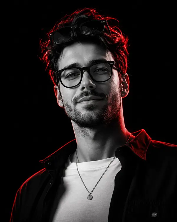 Neon-lit portrait with red rim lighting